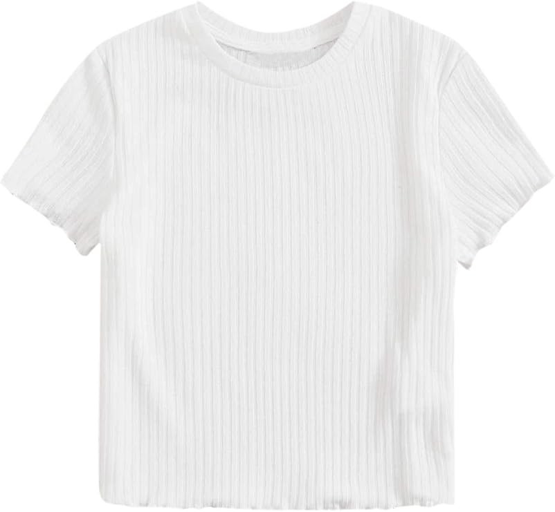SweatyRocks Women's Solid Crew Neck Ribbed Knit Short Sleeve Crop Top T Shirts | Amazon (US)