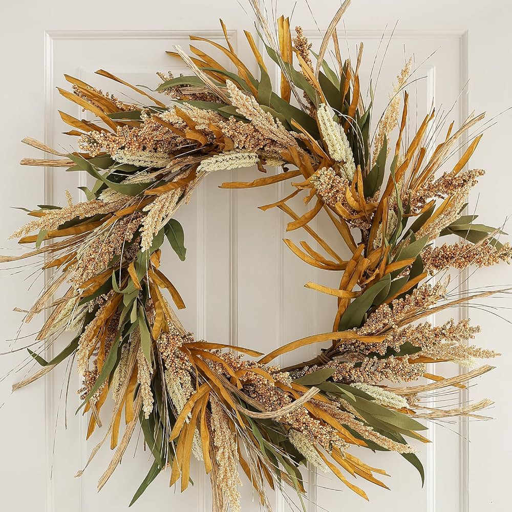Fall Harvest Grain Wreath for Front Door Outside, 22-24 Inch Indoor Outdoor Wreath for Thanksgivi... | Amazon (US)