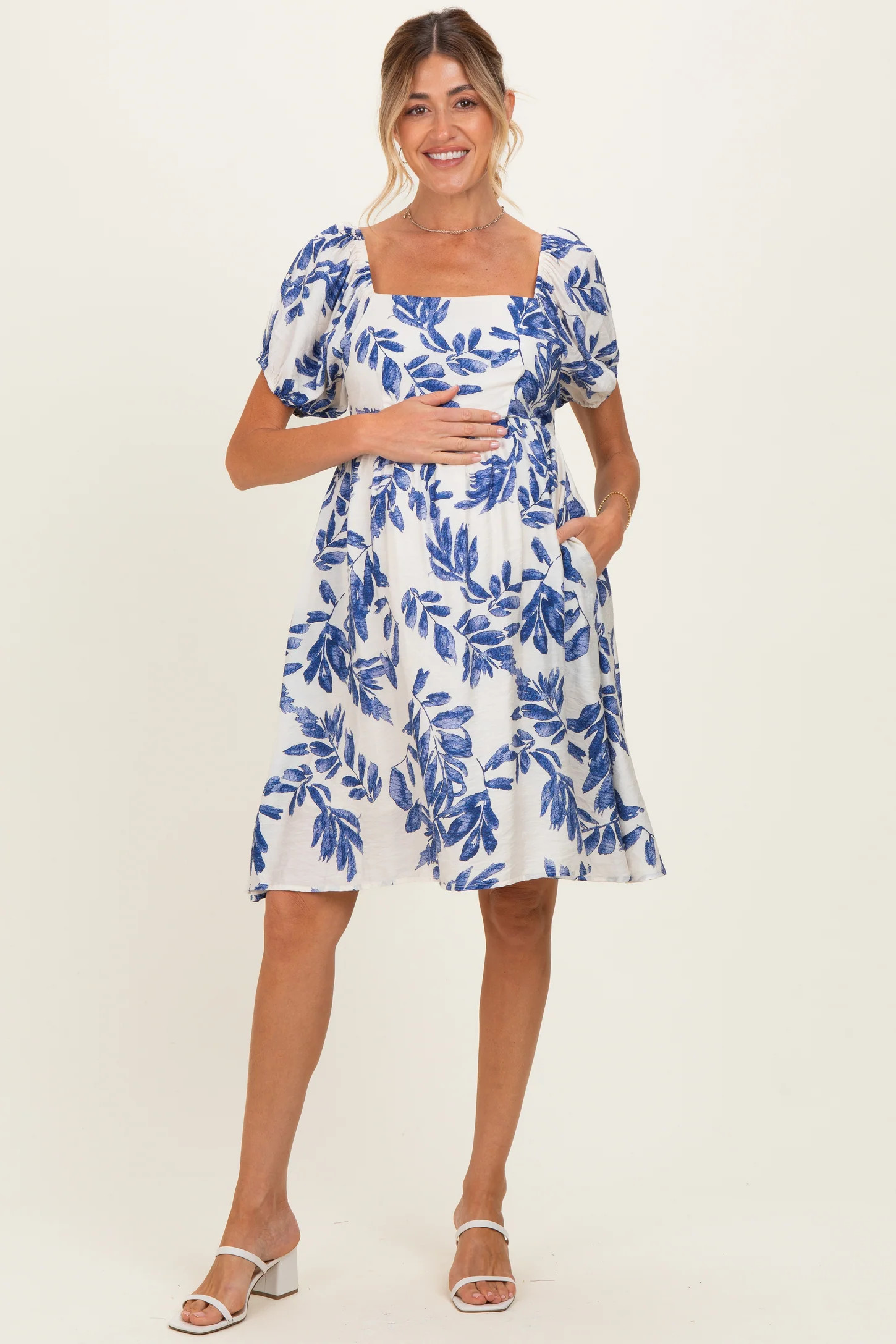Blue Floral Puff Sleeve Maternity Dress | PinkBlush Maternity