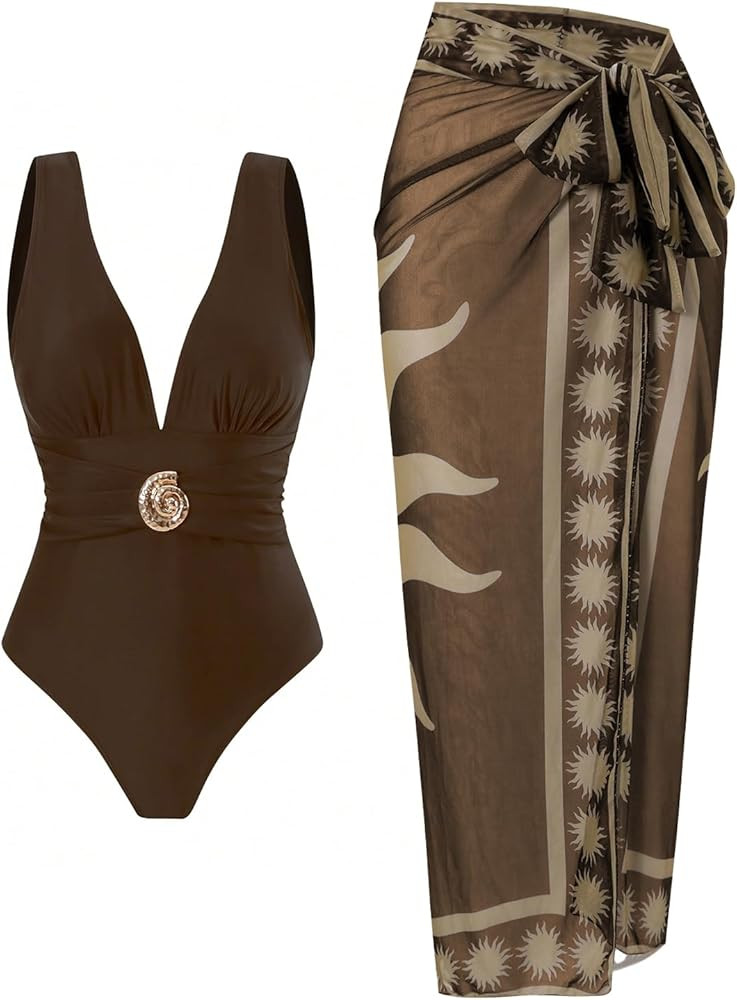 SherryDC One Piece Swimsuit with Cover up Wrap Skirt Sarong Floral Print Plunge V Neck Bathing Su... | Amazon (US)