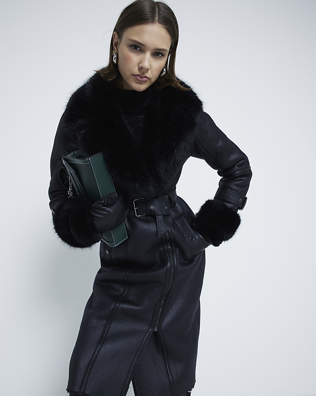 Black Longline Faux Fur Belted Biker Jacket | River Island (UK & IE)