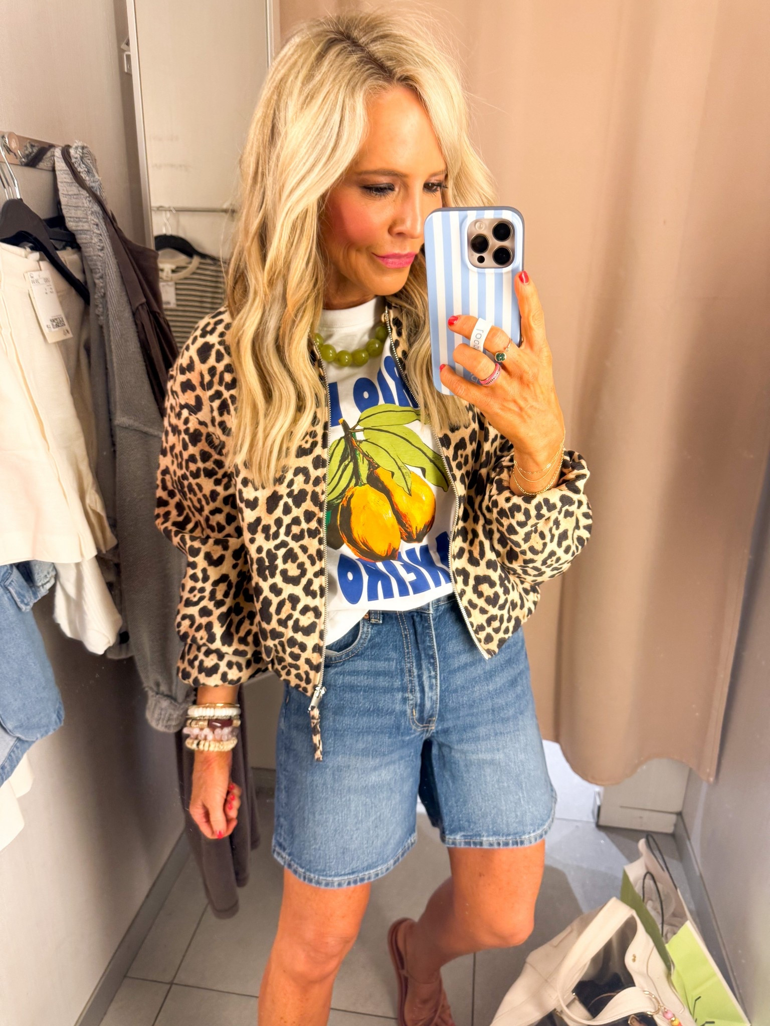 25% off at H&M tonight! the cutest leopard bible jacket (XS), tshirt (small), and shorts (size 2) • 

#LTKOver40 #LTKSaleAlert #LTKootd