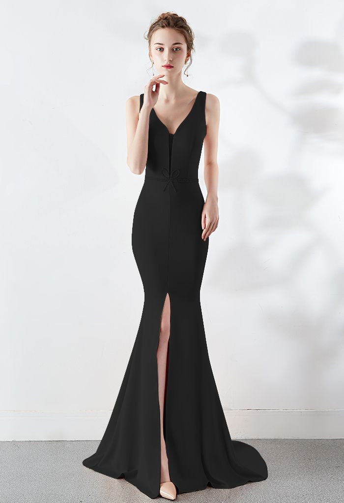 Beaded Bowknot Split Mermaid Satin Gown in Black | Chicwish