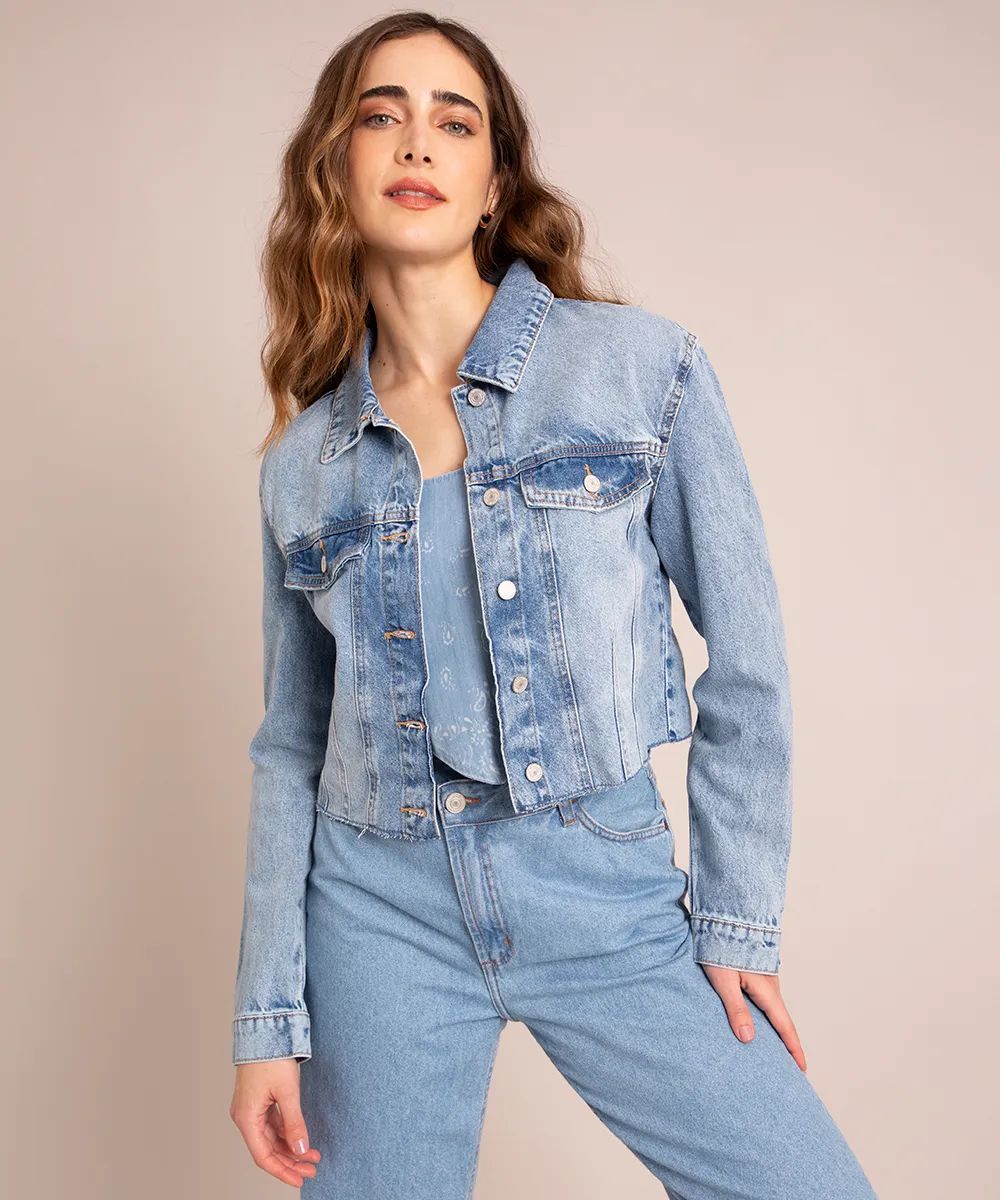 jaqueta cropped jeans azul médio | C&A (BR)