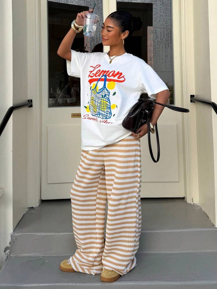 Muchica Women's Summer New Printed Loose T-Shirt And Striped Textured Pants Set For Going Out Out... | SHEIN