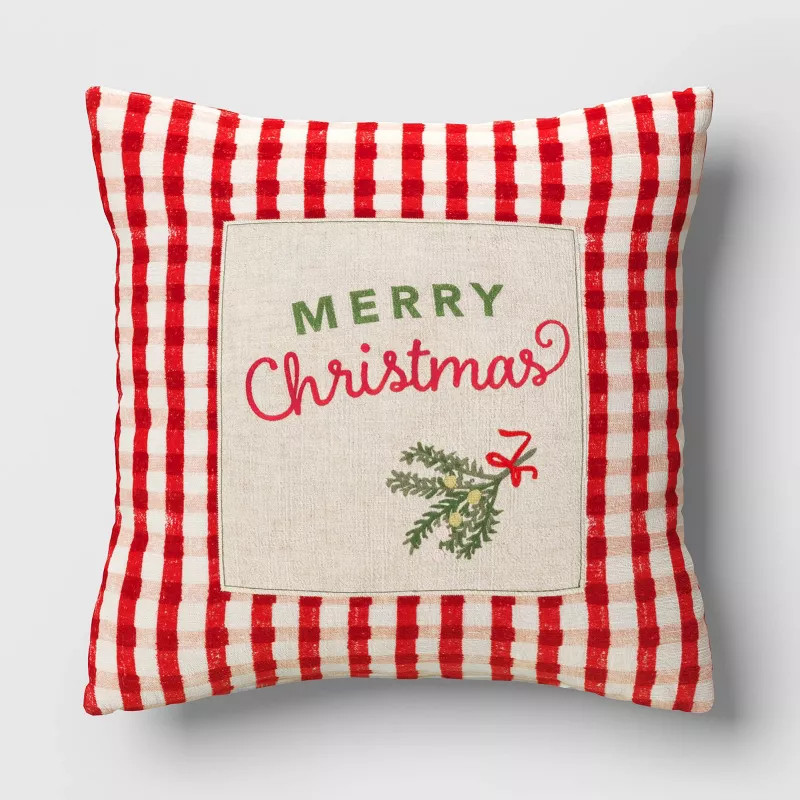 Embroidered 'Merry Christmas' Gingham Square Christmas Throw Pillow Red/White - Threshold™ | Target