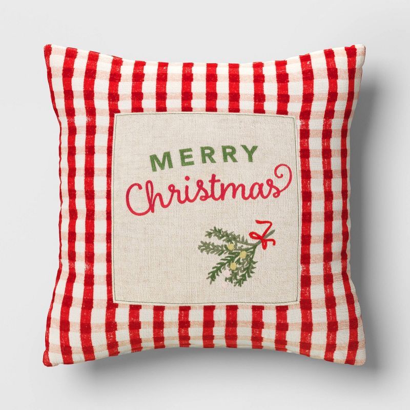 Embroidered 'Merry Christmas' Gingham Square Christmas Throw Pillow Red/White - Threshold™ | Target