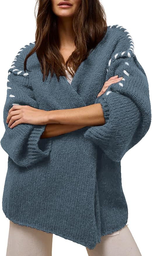 Huaqiao Womens Cardigan Sweaters Long Sleeves V Neck Chunky Knit Coats Open Front Loose Outerwear | Amazon (US)