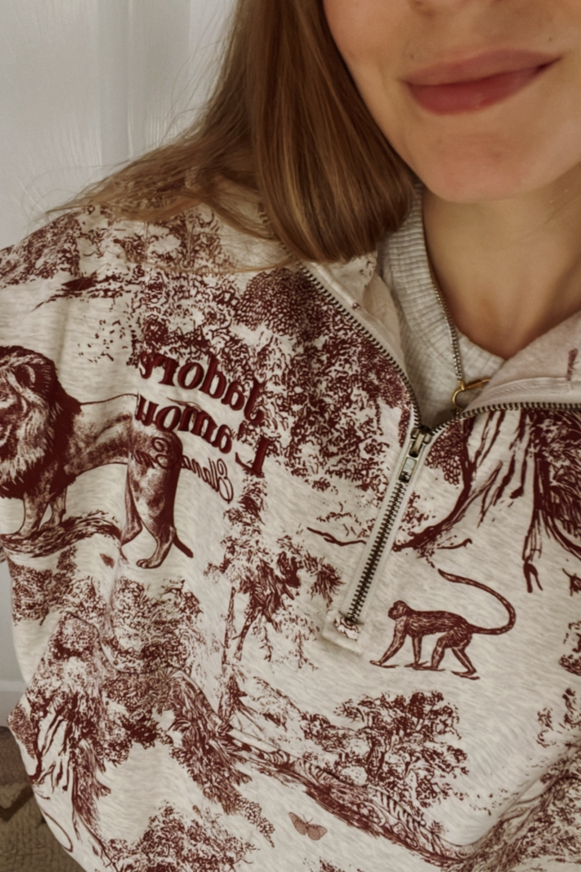 Obsessed with this toile print pullover 🦁 Wearing a S/M / fits true to size. The matching shorts are also so cute and the quality is 👌

Shop small, cozy, put together, quarter zip

#LTKfindsunder100