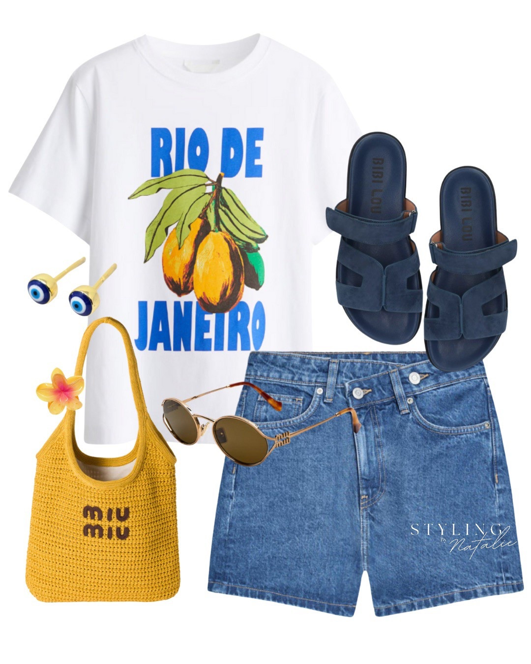 Tropical vibes 🏝️🌞 
Graphic tee, dark denim shorts with criss cross waistband, Miu Miu tote bag, suede chunky sandals, Miu Miu sunglasses, evil eye earrings and flower hair clip. Summer outfit, casual outfit, everyday style, city break style, vacation look.

#LTKmidsize #LTKsummer #LTKstyletip