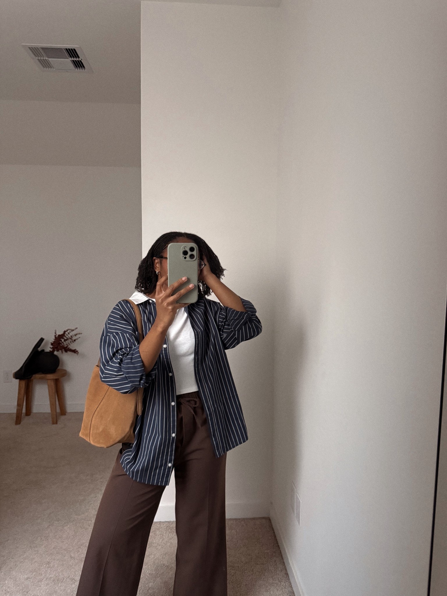 2025.09.03 - navy striped button down with chocolate trousers 

Brown suede tote // mango finds // fall outfit // transitional 

#LTKPetite #LTKStyleTip #LTKSeasonal
