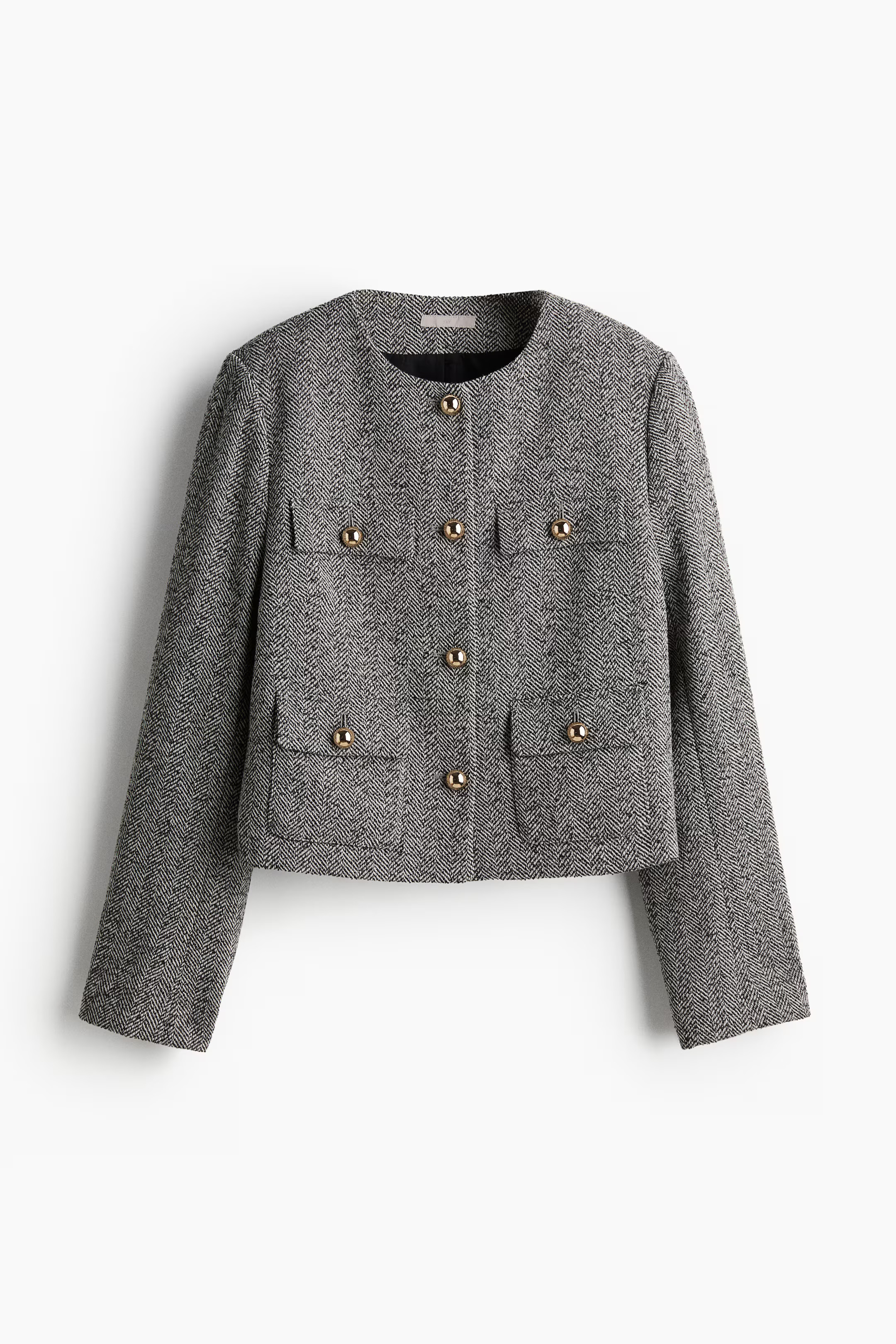 Textured-weave jacket - Round neck - Long sleeve - Grey/Herringbone-patterned - Ladies | H&M GB | H&M (UK, MY, IN, SG, PH, TW, HK)