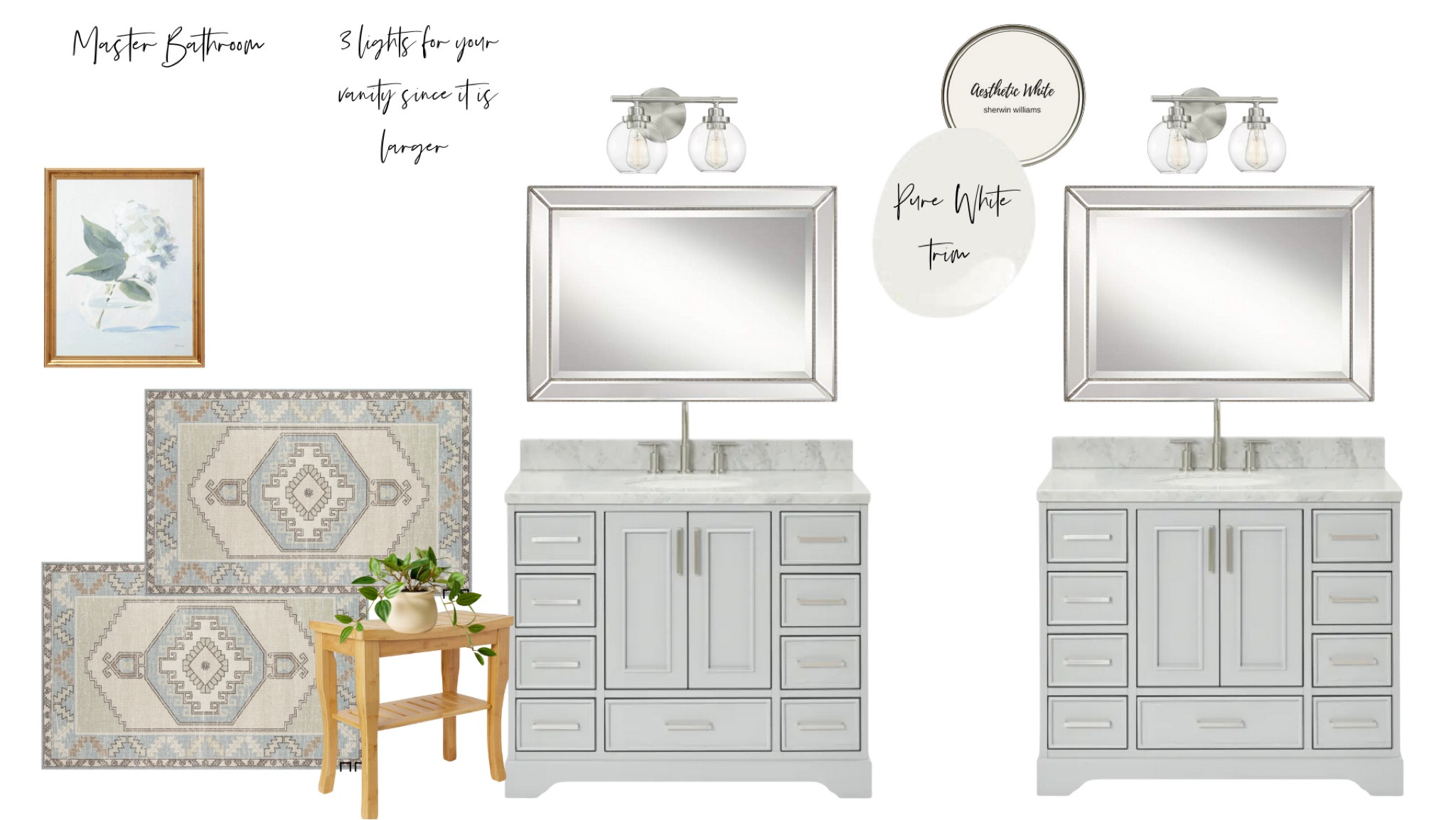 Bathroom renovation, bath mat, blue bath mat, brushed nickel lights, vanity, grey vanity, bathroom refresh, master bath, primary bathroom 

#LTKHome #LTKStyleTip #LTKFamily