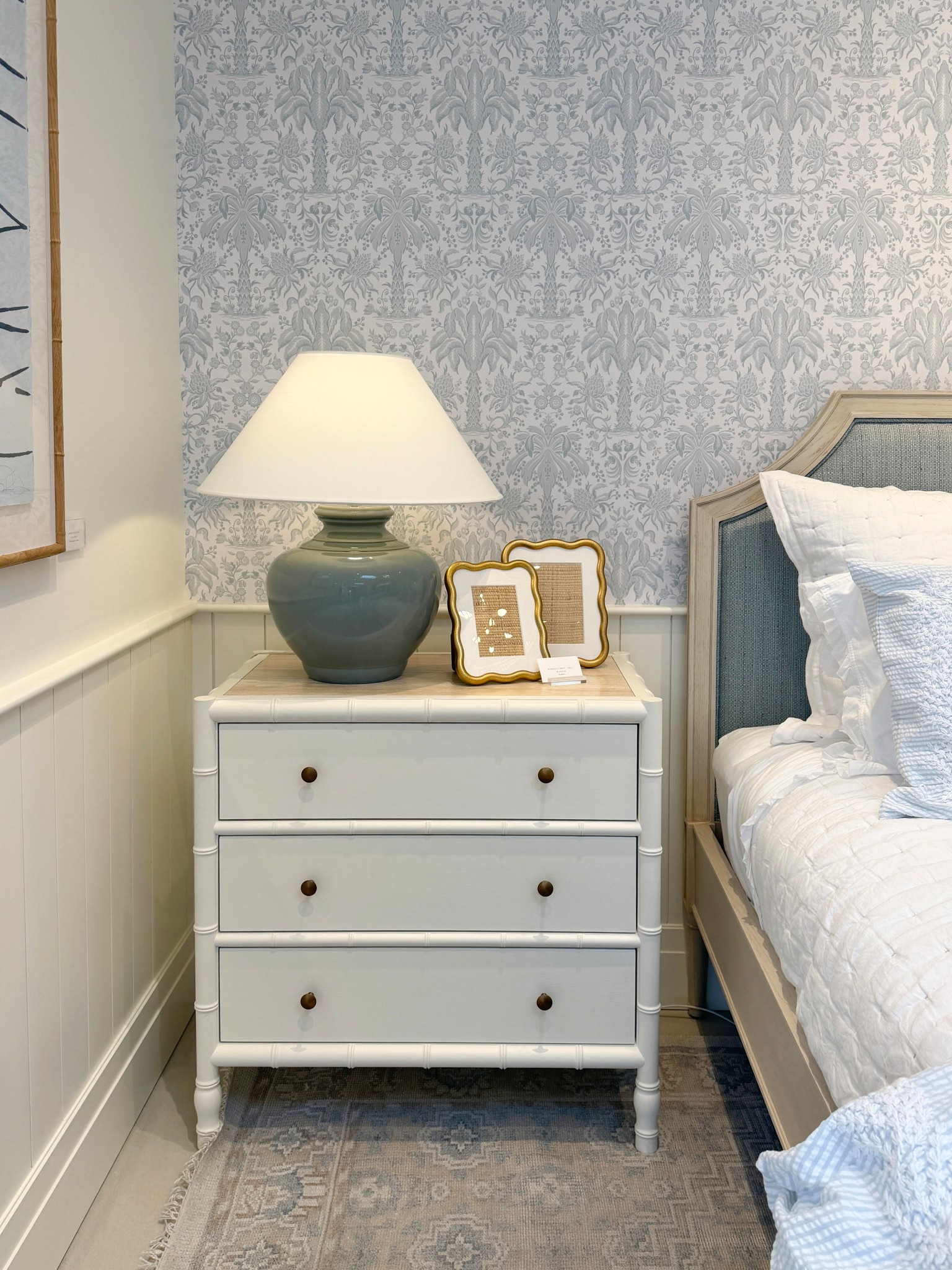 Luxe bedside moment! ✨ Featuring the Ravello Chest from Serena & Lily with its beautiful travertine top, bamboo-inspired frame, and antique brass pulls—such an elegant mix of texture and natural materials. 🤍 Paired with the Palm Royal Wallpaper in Sky for a stunning accent wall that adds color and pattern to the space. Everything shown here is currently on sale—linked this chic Serena & Lily bedroom setup to shop! 💫 #SerenaAndLily #BedroomInspo #Nightstand

#LTKHome #LTKSaleAlert