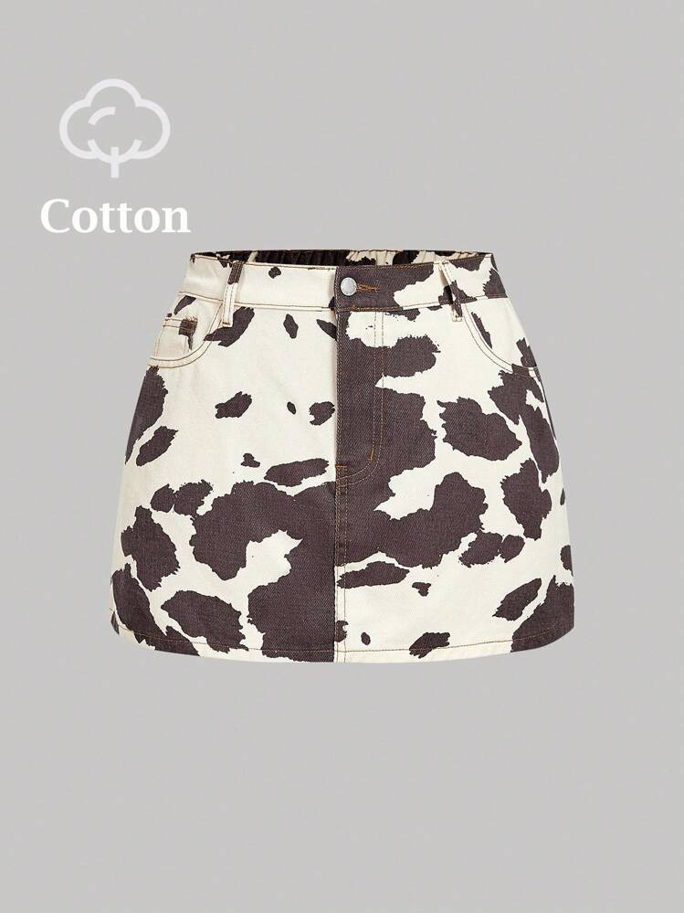 SHEIN MOD Plus Size Women's Casual Cow Print Pocket Denim Mini Skirt,Halloween Skirt,Fall Women Clothes,Halloween Costumes,Cheetah Print Skirt,Goth Skirt,Cowgirl Outfits For Women,Vintage Clothes Women,Fall Clothes For Women | SHEIN