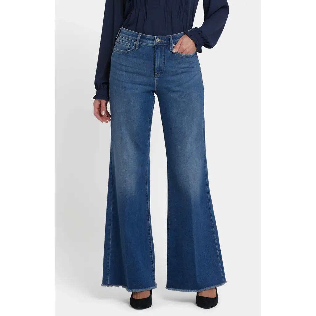 NYDJ Mia Frayed High Waist Wide Leg Palazzo Jeans in Romantic Indigo at Nordstrom, Size 2 | Nordstrom