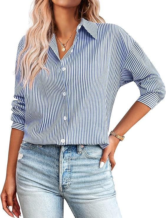 Zeagoo Womens Button Down Shirts for Women Loose Striped Long Sleeve Cotton Blouses Dressy Casual... | Amazon (US)