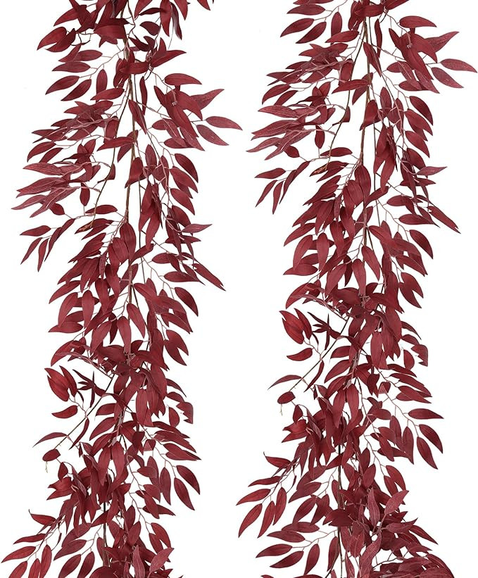 RECUTMS Artificial Hanging Willow Leaves Vine Twigs 2Pcs 5.7Ft Fake Silk Burgundy Leaf Ivy Fall G... | Amazon (US)