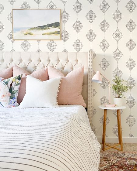 DIY stencil wallpaper for Serena and Lily inspired look. Teen girl bedroom. 

Guest bedroom, queen bed, upholstered tufted headboard, stripe duvet cover, small nightstand side table, pink euro shams, juniper print shop montauk art, white bedding

#LTKhome