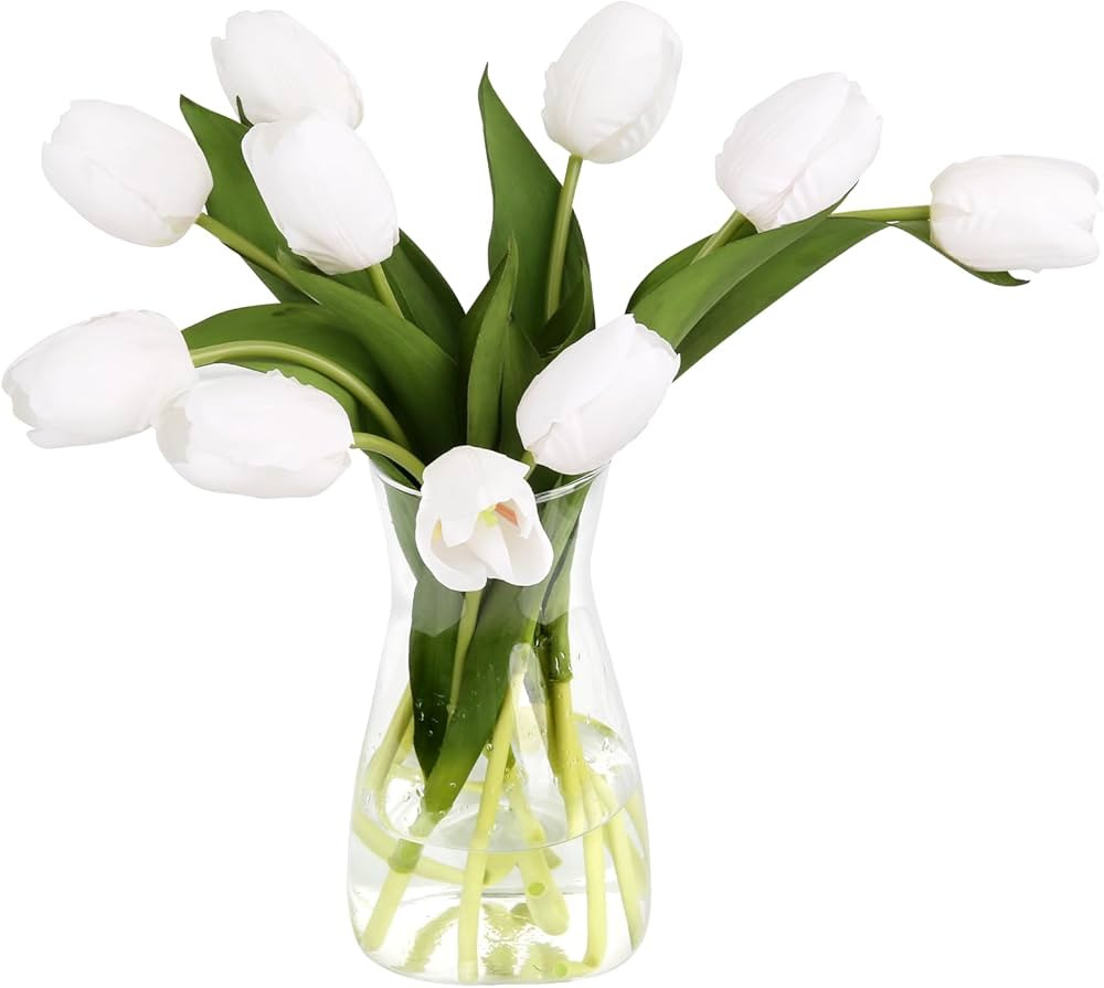 Modern Glass Vase with 10PCS Artificial Tulip Silk Flowers for Home Decor, 8" Clear Glass Vase wi... | Amazon (US)