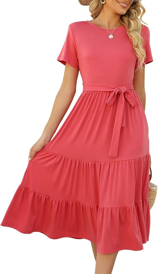Lyrur Women's Dresses Casual Summer Tiered Midi Dress Short Sleeve Belted Ruffle Babydoll Boho Su... | Amazon (US)