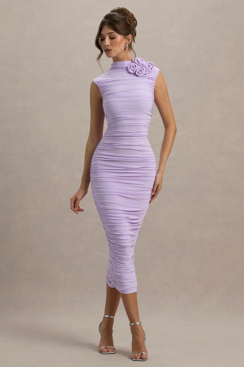 Bridget  Lilac High-Neck Gathered Midi Dress With Floral Detail | Club L London