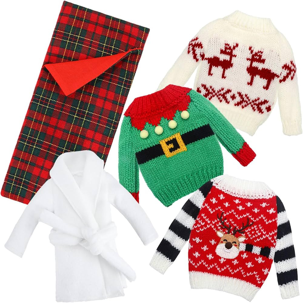 Zomiboo 5 Pieces Elf Doll Accessories Set Including 3 Santa Knitted Doll Sweaters 1 Red Plaid Sle... | Amazon (US)
