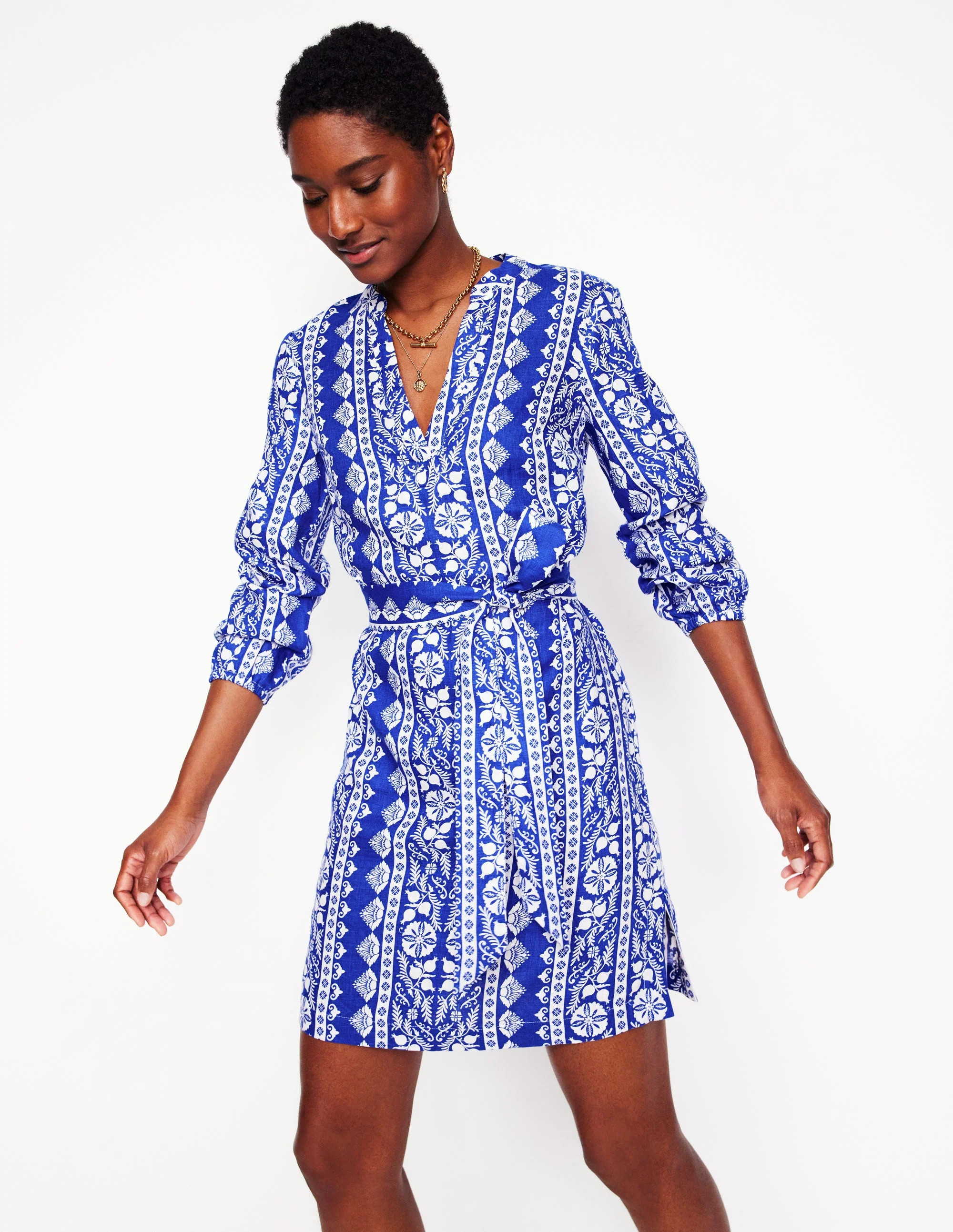 Cleo Linen Tie Waist Dress-Bright Blue, Ornate Border | Boden (US)
