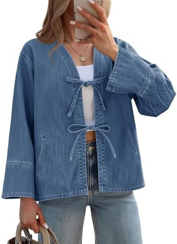 Tankaneo Womens Tie Front Denim Jacket Long Wide Sleeve Loose Fit Bow Jeans Coat Going Out Shacke... | Amazon (US)