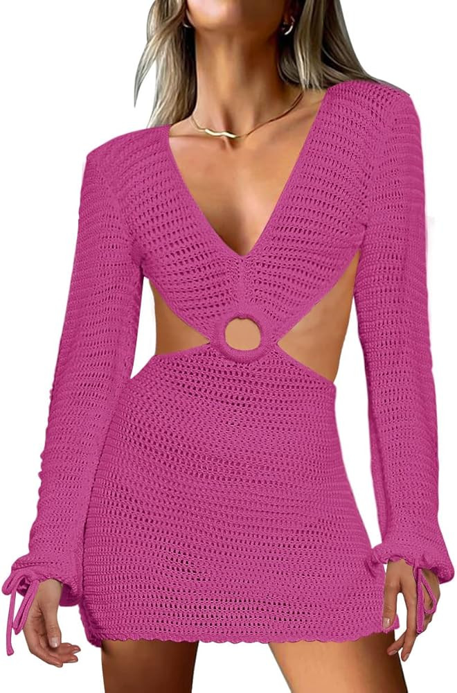 LILLUSORY Women's 2023 Beach Dresses Spring Long Sleeve V Neck Swimsuit Cover Up Dress | Amazon (US)