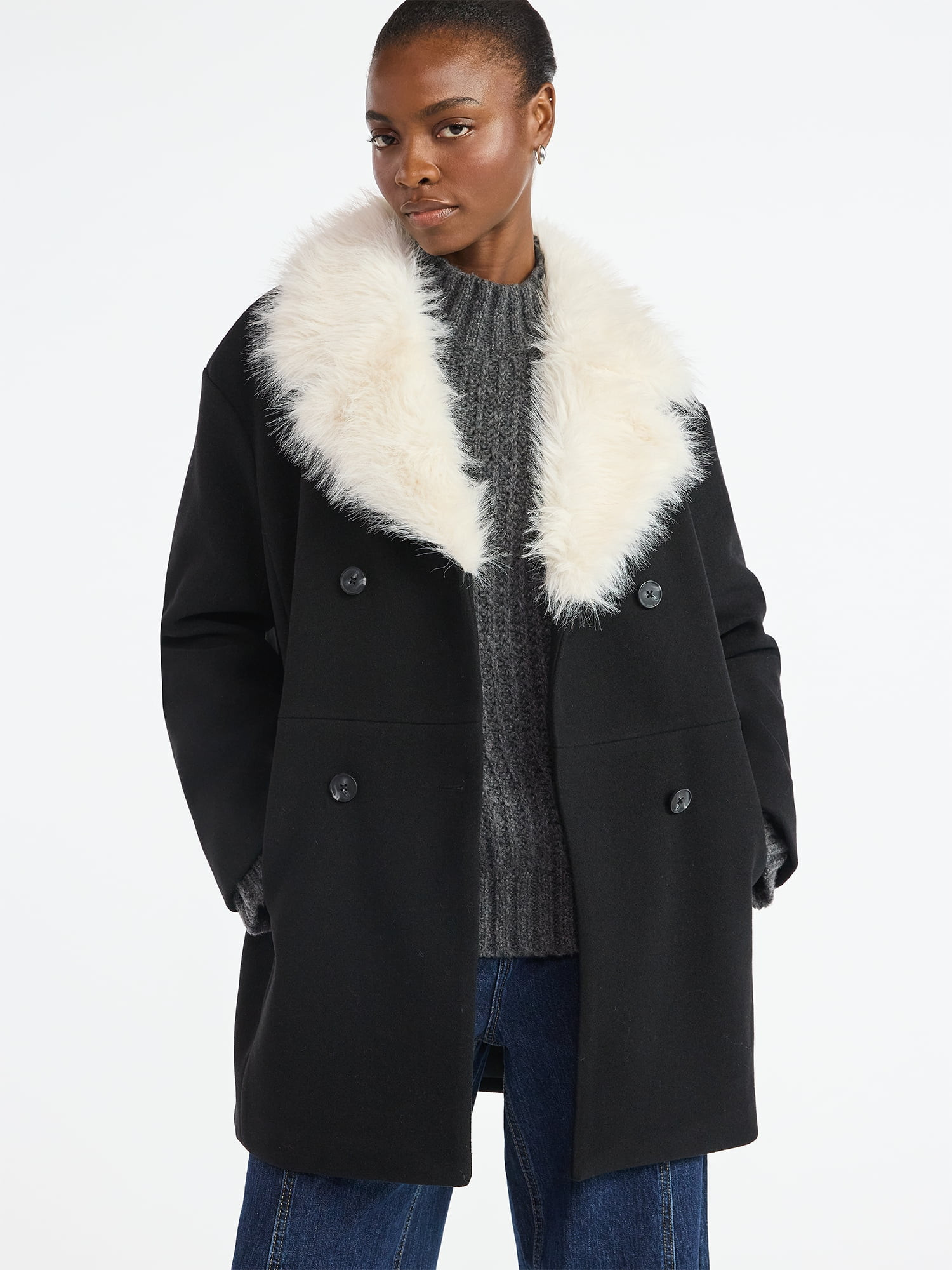 Scoop Women's and Women's Plus Oversized Faux Fur Collar Coat, Heavyweight, Sizes XS-4X | Walmart (US)