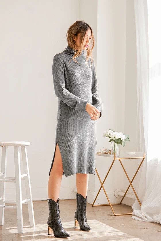Snuggled Up Light Grey Knit Turtleneck Midi Sweater Dress | Lulus (US)