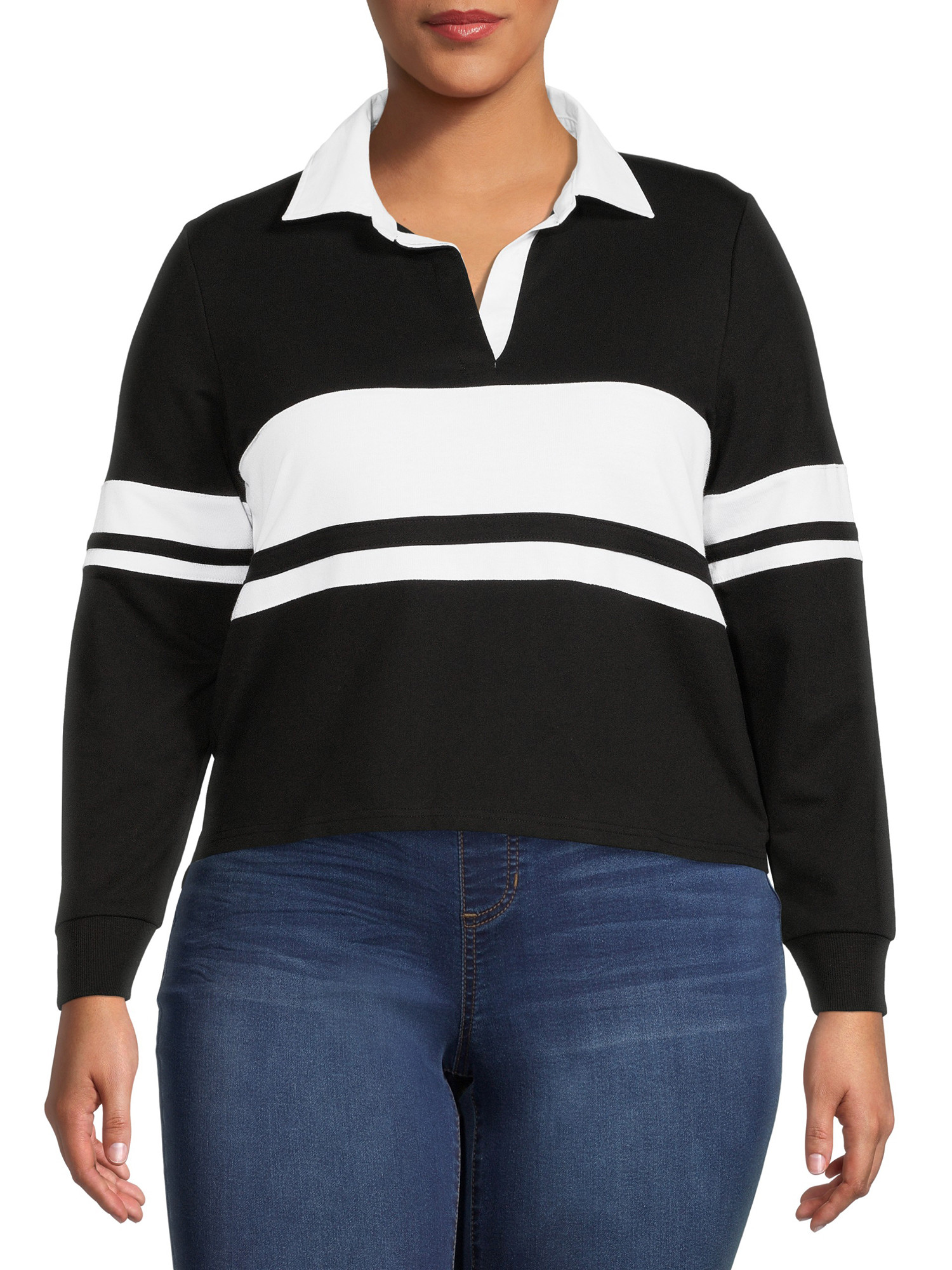 No Boundaries Juniors' Plus Size French Terry Polo Striped Pullover | Walmart (US)