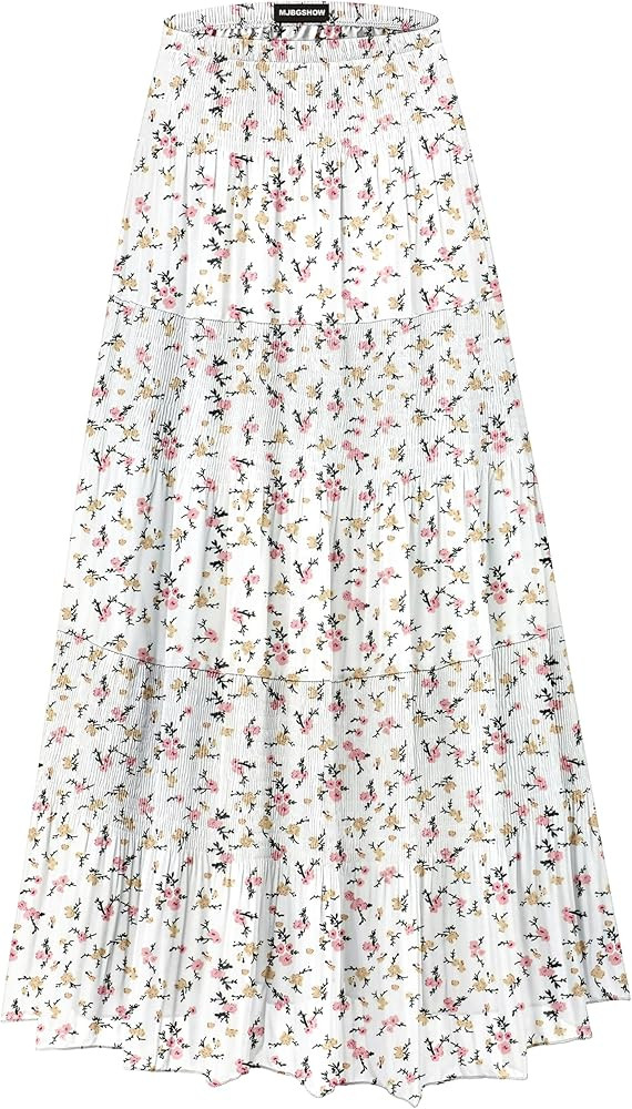Womens Chiffon Long Skirt Elastic High Waist Floral Maxi Skirts Tiered Pleated A Line Boho Flowy ... | Amazon (US)