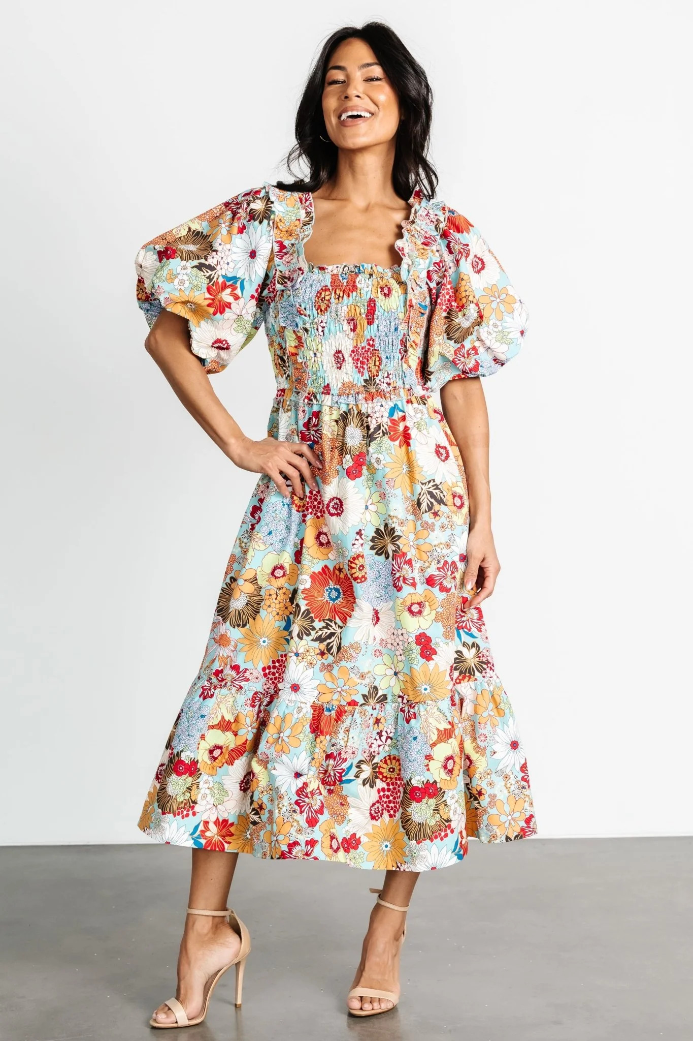 Wendy Puff Sleeve Midi Dress | Multi Print | Baltic Born