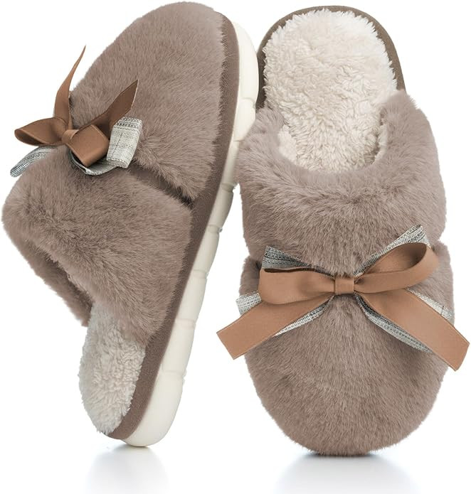 Cute Women's Memory Foam House Slippers - Fuzzy Plush Faux Fur Slippers with Bow Butterfly Tie - ... | Amazon (US)