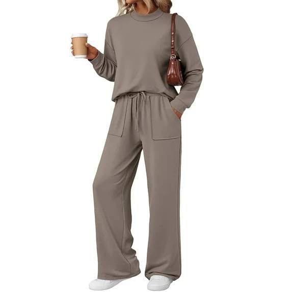 SUNBS Two Piece Sets for Women Fall Outfits Lounge Sets Mock Neck Tops Wide Leg Pants Vacation Tr... | Walmart (US)