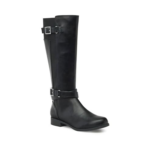 JustFab Knee High Boots Womens Low Block Heels Riding Boots Round Toe Size Zipper Biker Motorcycle Buckle Boots - Valerie (Size 7.5, Black) | Amazon (US)