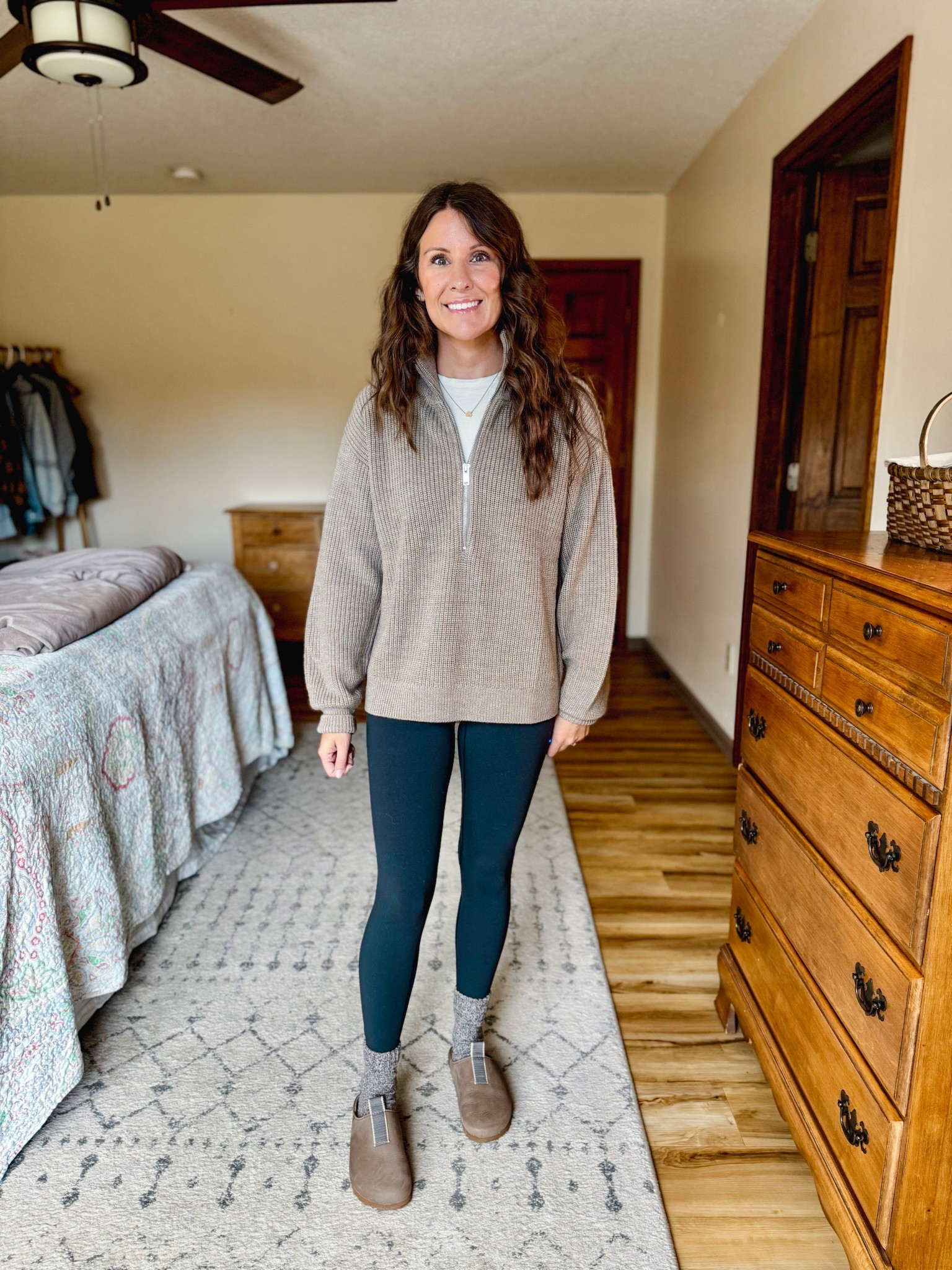 Wearing small in my tee, xs in my leggings, and xs in my 1/2 zip sweater. My clogs fit true to size. 

#LTKSeasonal #LTKFindsUnder100 #LTKPetite
