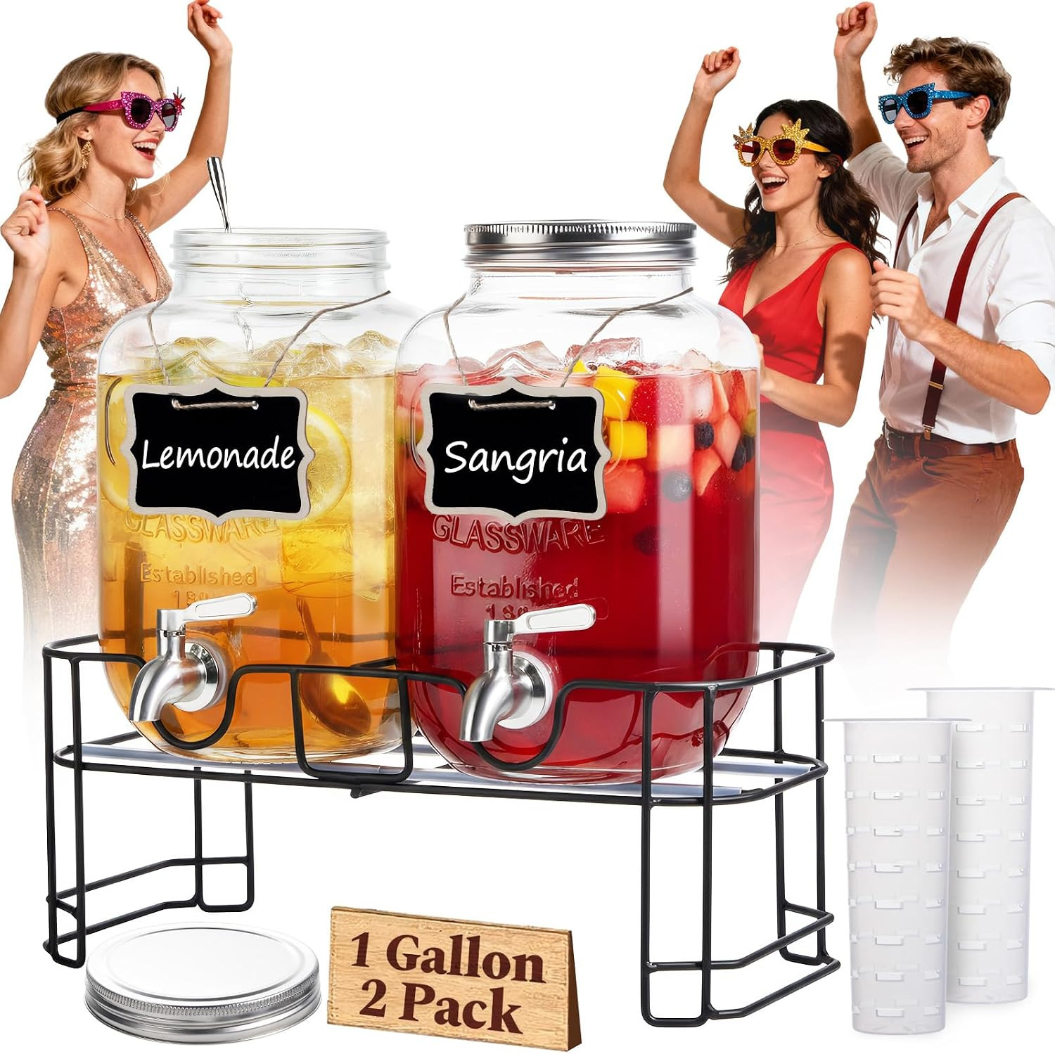 KIKCOIN 1 Gallon Glass Drink Dispensers for Parties, 2 Pack Leakproof Beverage Dispenser with Stand & 18/10 Stainless Steel Spigot & Filter -for Lemonade, Juice, Sun Tea, Punch- ALL DISHWASHER SAFE | Amazon (US)