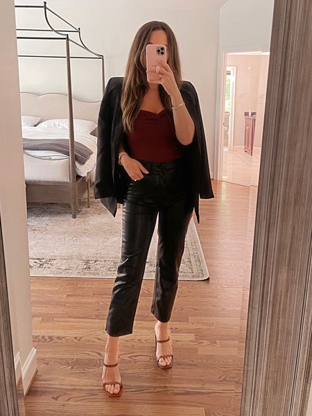 Fall outfit: blazer and leather pants! Blazer runs large (wearing XS, size down), sweater top runs large (size down one size), pants run true to size (26)  

#LTKSeasonal #LTKstyletip
