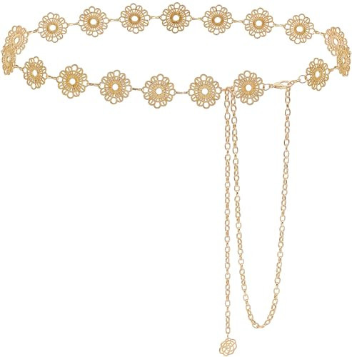 Liutufy Small Flower Metal Belt Chain - Adjustable Waist Chain for Women's Dresses (Gold Flower XL) | Amazon (US)