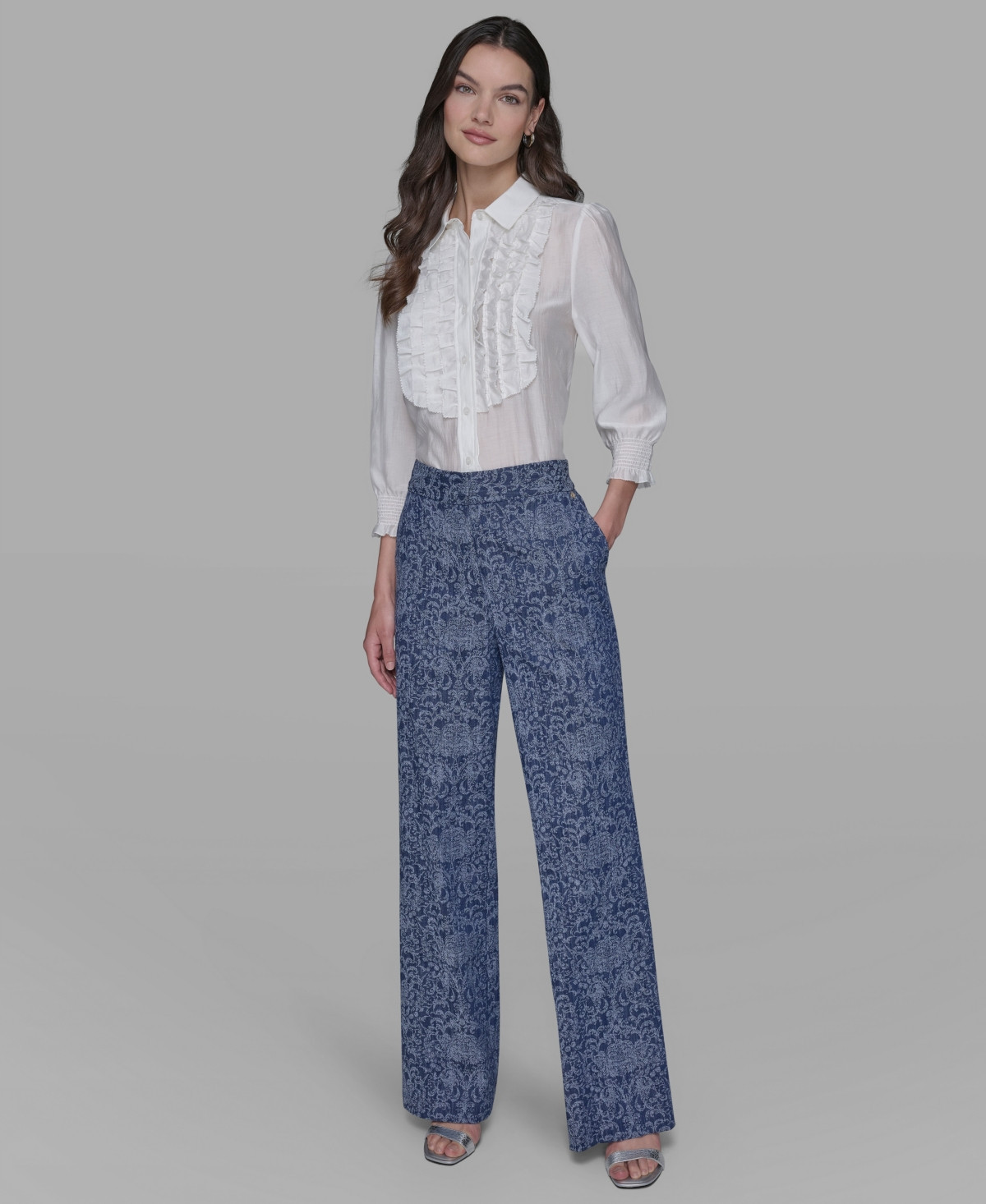 Karl Lagerfeld Paris Women's Printed Wide-Leg Denim Pants - Med Wash Denim | Macy's