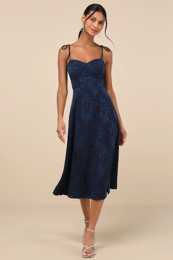Loveliest Looks Navy Blue Floral Jacquard Tie-Strap Midi Dress | Lulus
