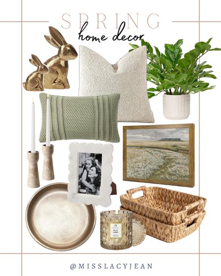 Spring home decor includes gold bunny statue, throw pillows, faux plant, wall art, decorative woven baskets, candle, gold tray, picture frame, candle stick holders.

Home decor, spring refresh, home accents, living room decor

#LTKstyletip #LTKfindsunder50 #LTKhome