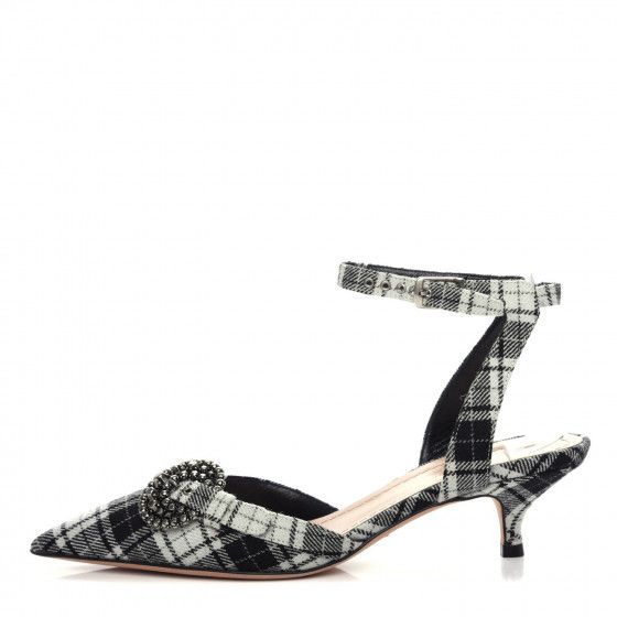 CHRISTIAN DIOR Canvas Tartan Gang Ankle Strap Slingback Pumps 36.5 Black | Fashionphile