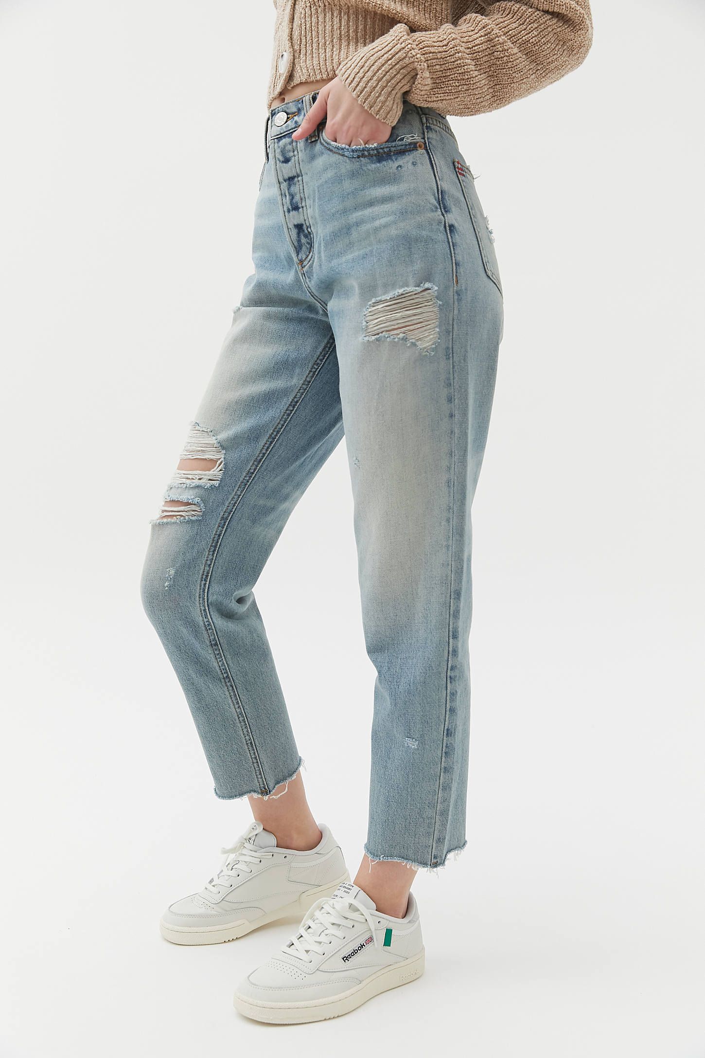 BDG High-Waisted Slim Straight Jean - Distressed Light Wash | Urban Outfitters (US and RoW)