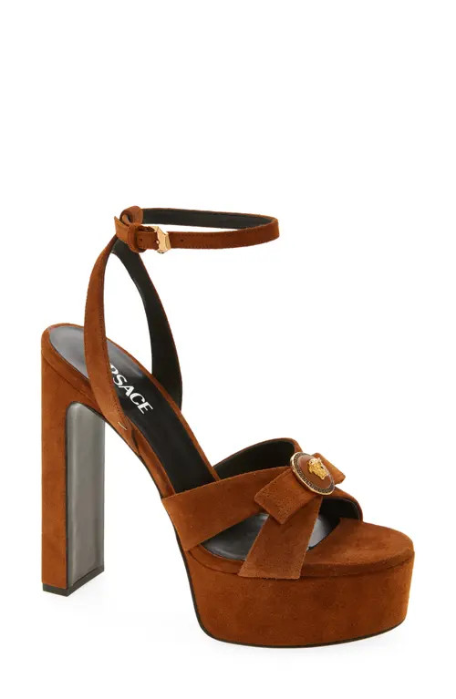 Versace Gianni Ribbon Suede Platform Sandal in Spice Brown-Versace Gold at Nordstrom, Size 6.5Us | Nordstrom