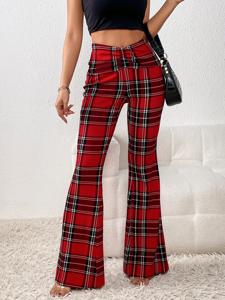 SHEIN Essnce Tartan Print Flare Leg Pants | SHEIN
