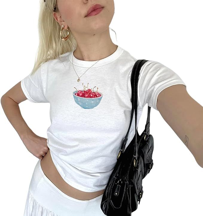 Women Y2k Baby Tee Short Sleeve Fruit Cherry Cake Print T-Shirt Crew Neck Summer Crop Tops Coquet... | Amazon (US)